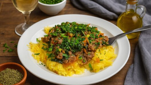 Final Spaghetti Squash Bowl served on a plate, featuring spaghetti squash strands topped with ground beef and vegetable filling. A gluten-free, dairy-free, nightshades-free dish, perfect for autoimmune healing.