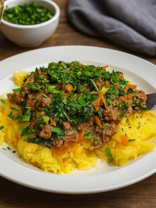 Final Spaghetti Squash Bowl served on a plate, featuring spaghetti squash strands topped with ground beef and vegetable filling. A gluten-free, dairy-free, nightshades-free dish, perfect for autoimmune healing.