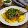 Final Spaghetti Squash Bowl served on a plate, featuring spaghetti squash strands topped with ground beef and vegetable filling. A gluten-free, dairy-free, nightshades-free dish, perfect for autoimmune healing.