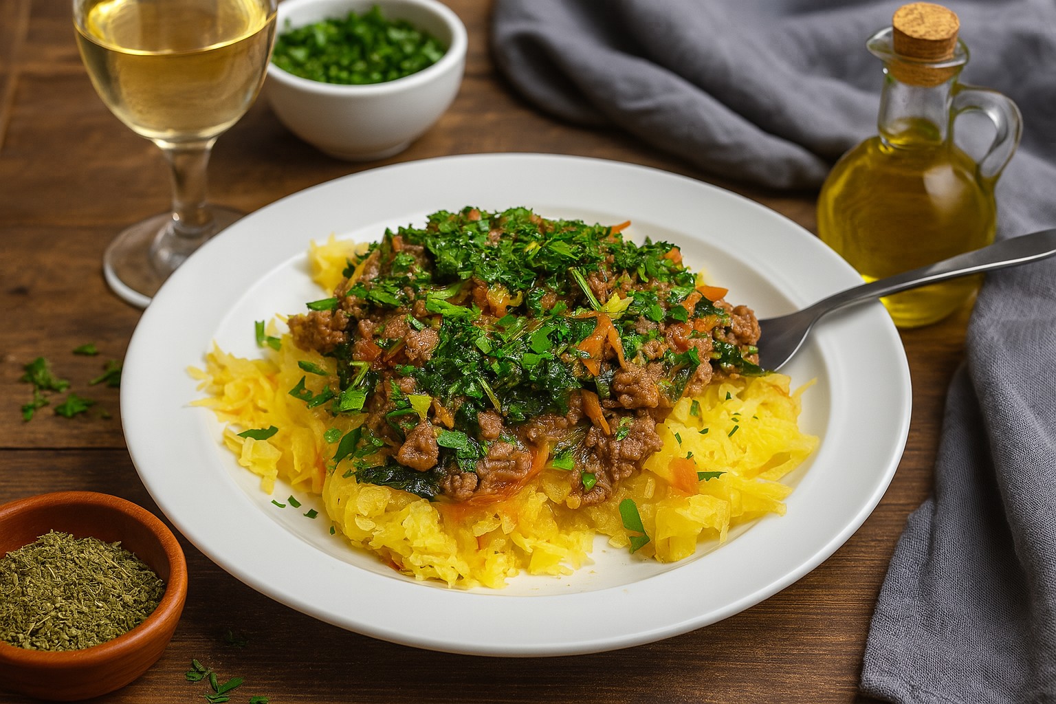Final Spaghetti Squash Bowl served on a plate, featuring spaghetti squash strands topped with ground beef and vegetable filling. A gluten-free, dairy-free, nightshades-free dish, perfect for autoimmune healing.