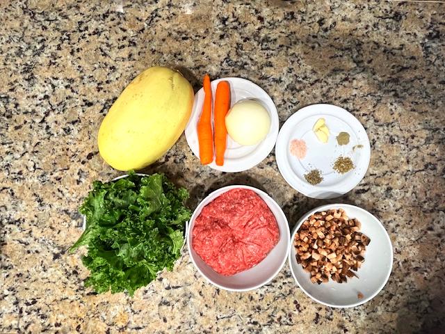 Spaghetti Squash Bowl, including spaghetti squash, ground beef, kale, mushrooms, carrots, garlic, ginger, and no-tomato sauce, gluten-free, dairy-free, gluten-free, a perfect AIP compliant meal.