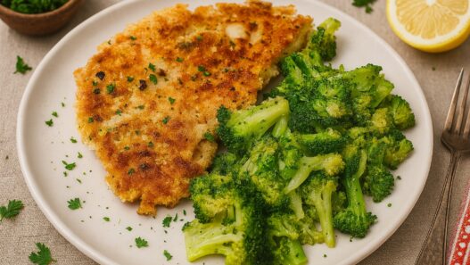 AIP chicken breast schnitzel served with steamed broccoli, gluten-free, grain-free, low-oxalate and autoimmune protocol-friendly meal.