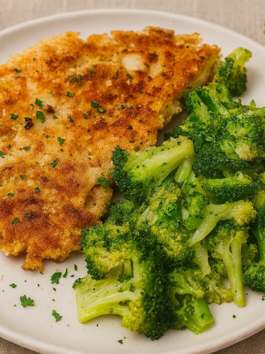 AIP chicken breast schnitzel served with steamed broccoli, gluten-free, grain-free, low-oxalate and autoimmune protocol-friendly meal.