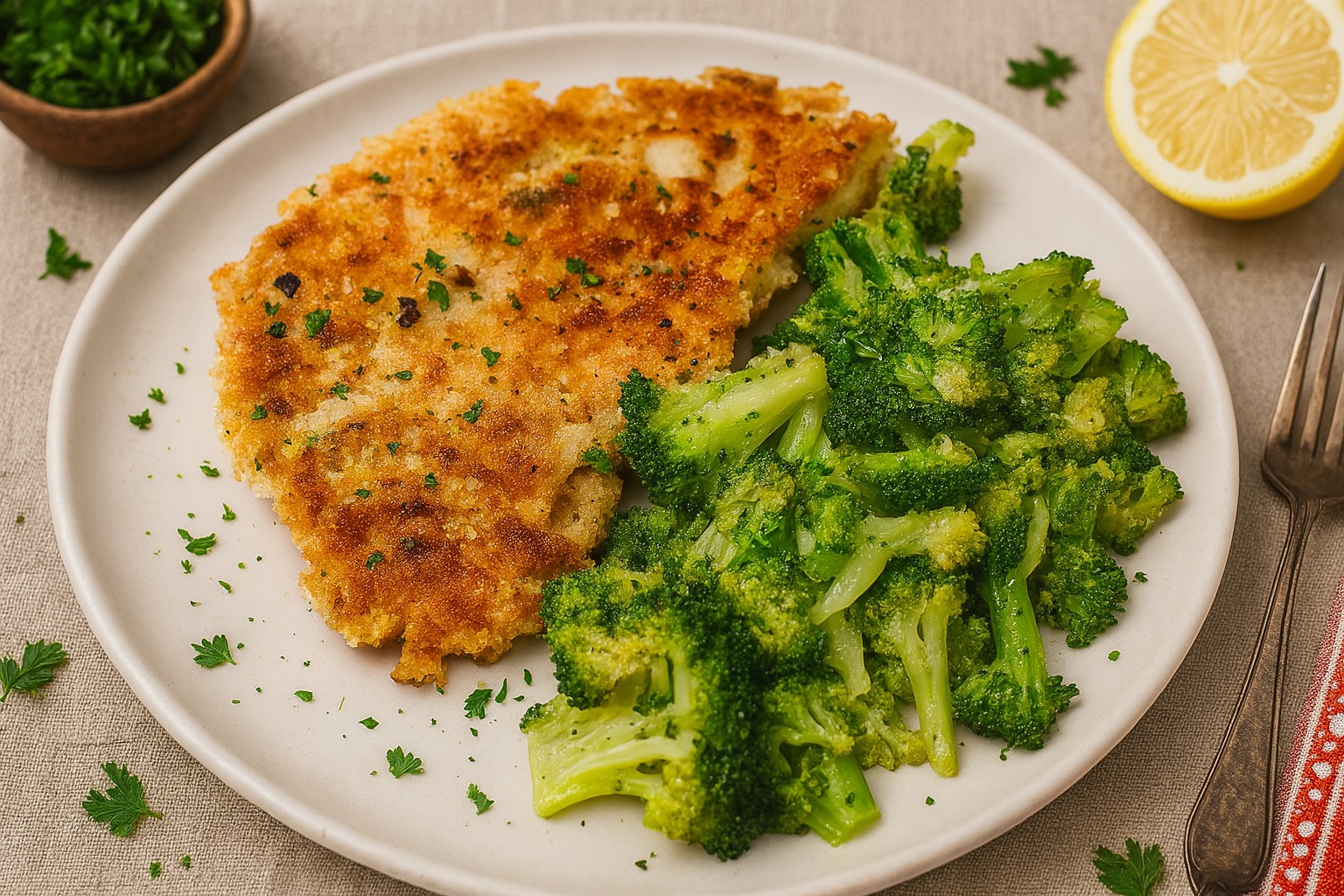 AIP chicken breast schnitzel served with steamed broccoli, gluten-free, grain-free, low-oxalate and autoimmune protocol-friendly meal.