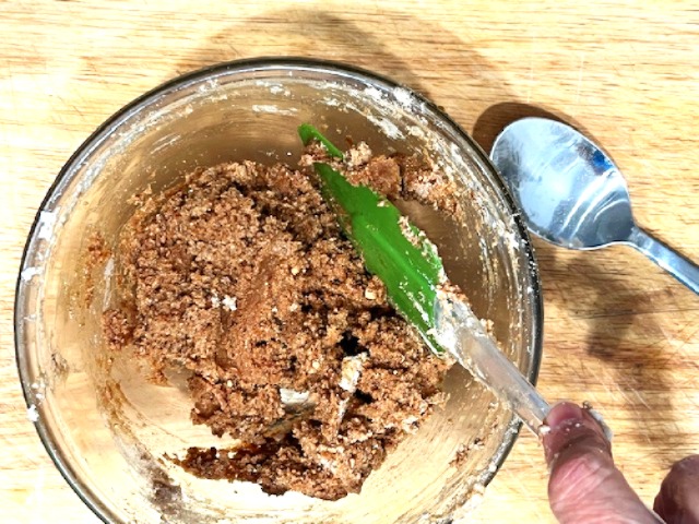 Mixing all ingredients for Carob and Green Banana Flour Cookies – AIP, gluten-free, paleo, healthy baking, autoimmune-friendly cookies.