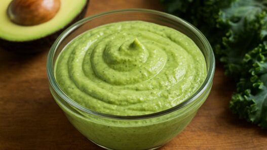 Creamy Kale Avocado dressing in a glass bowl with fresh kale and avocado, AIP compliant, dairy-free, gluten-free, healthy recipe