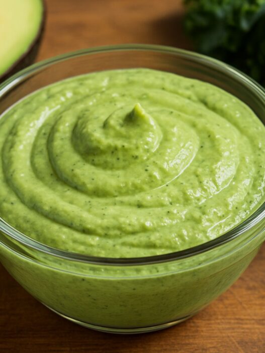 Creamy Kale Avocado dressing in a glass bowl with fresh kale and avocado, AIP compliant, dairy-free, gluten-free, healthy recipe