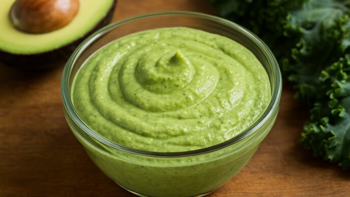 Creamy Kale Avocado dressing in a glass bowl with fresh kale and avocado, AIP compliant, dairy-free, gluten-free, healthy recipe
