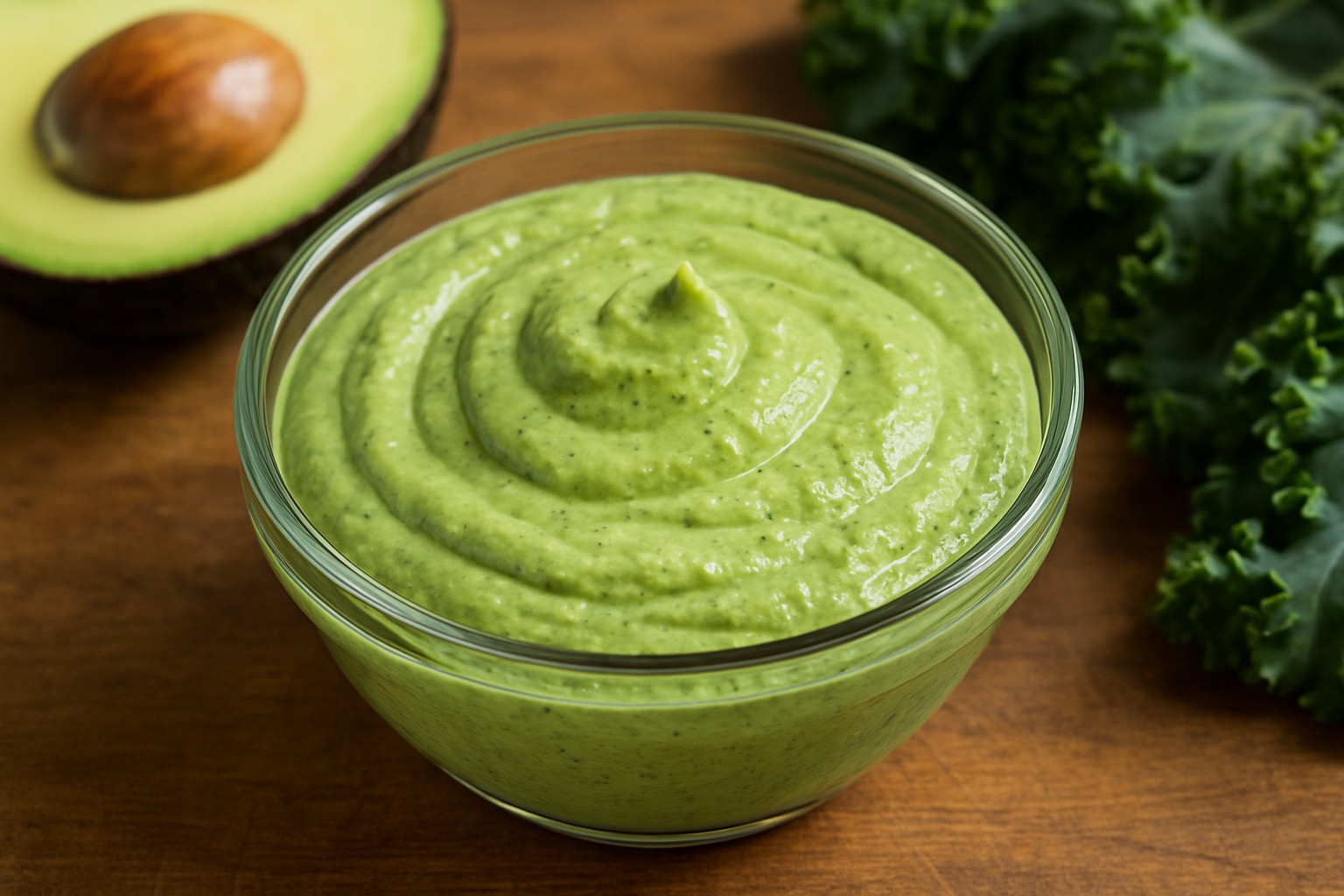 Creamy Kale Avocado dressing in a glass bowl with fresh kale and avocado, AIP compliant, dairy-free, gluten-free, healthy recipe
