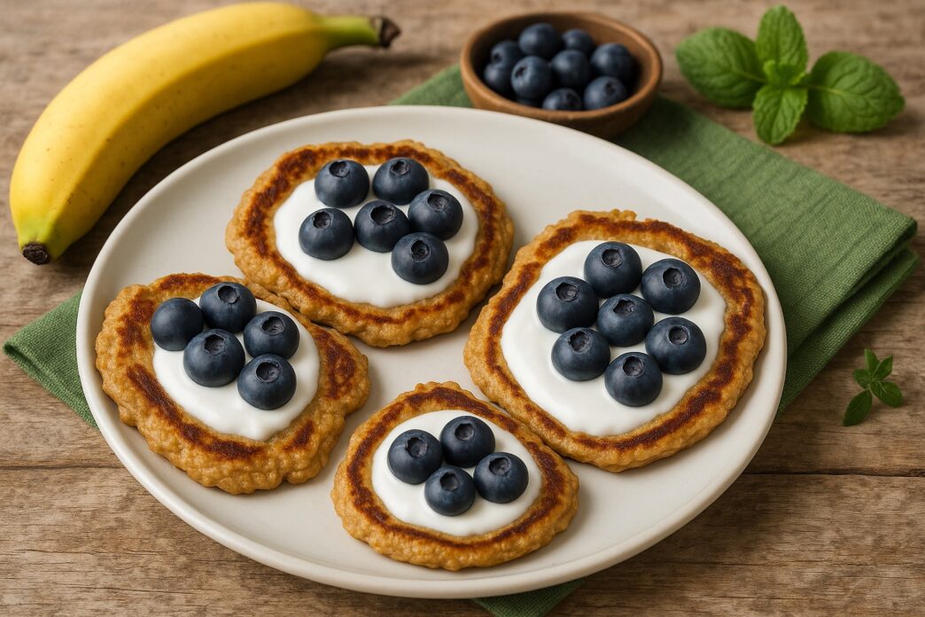 Delicious AIP Banana Pancakes topped with coconut yogurt and blueberries on a white plate, served on a rustic wooden table with a green towel – gluten-free, dairy-free, autoimmune-friendly.