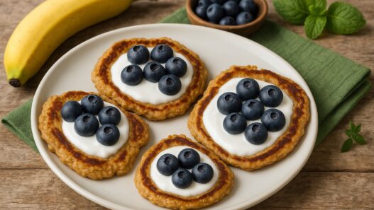 Delicious AIP Banana Pancakes topped with coconut yogurt and blueberries on a white plate, served on a rustic wooden table with a green towel – gluten-free, dairy-free, autoimmune-friendly.