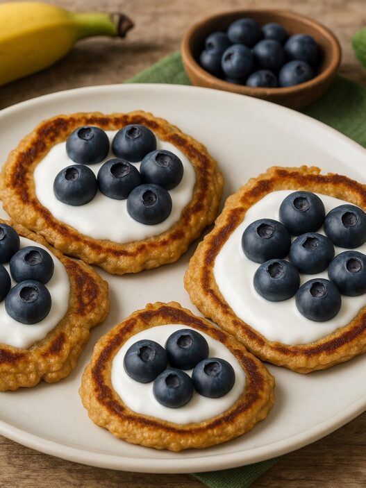 Delicious AIP Banana Pancakes topped with coconut yogurt and blueberries on a white plate, served on a rustic wooden table with a green towel – gluten-free, dairy-free, autoimmune-friendly.
