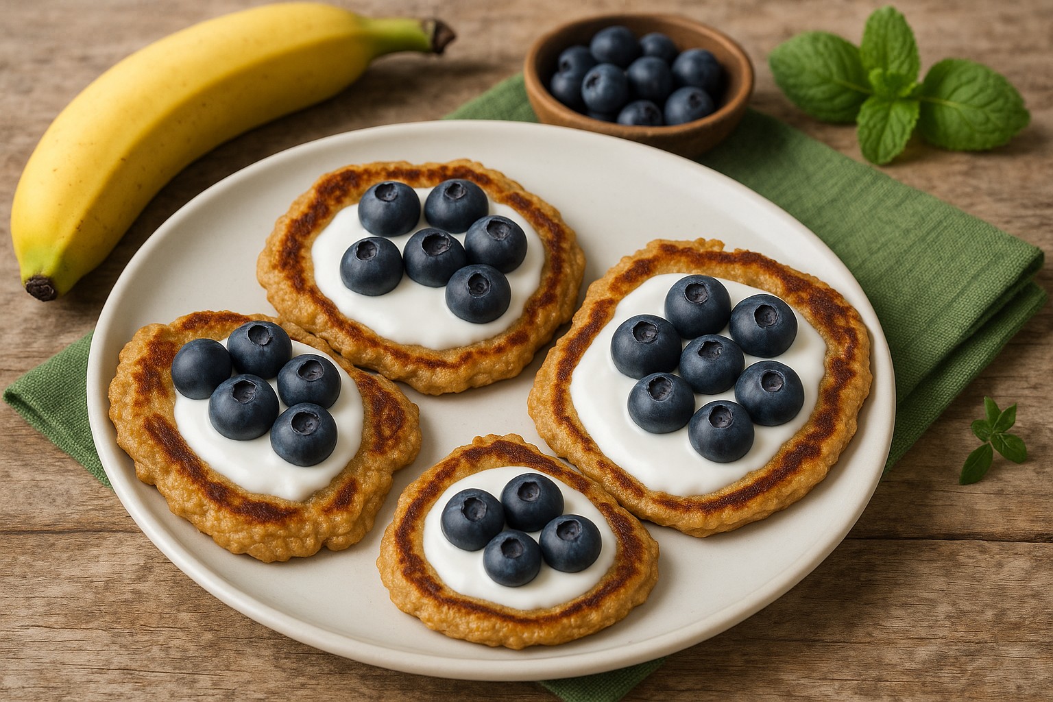 Delicious AIP Banana Pancakes topped with coconut yogurt and blueberries on a white plate, served on a rustic wooden table with a green towel – gluten-free, dairy-free, autoimmune-friendly.