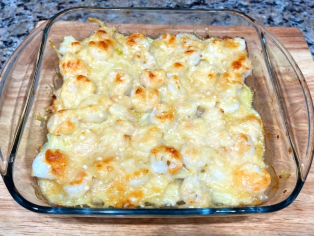 Final cooked Garlic Shrimp and Sweet Potato Gratin in a glass dish, golden and bubbling, ready to serve. AIP Reintroduction, gluten-free, nightshade-free recipe.