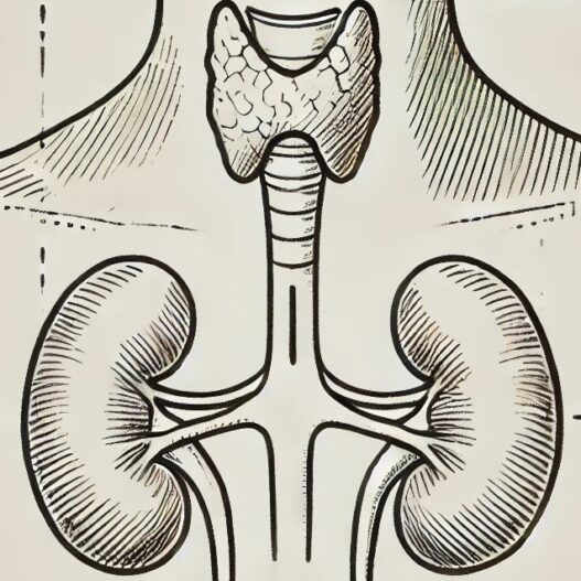 Hashimoto's and Kidney Disease. An illustration showing the thyroid gland and kidneys, highlighting the relationship between Hashimoto's and kidney function in autoimmune diseases.