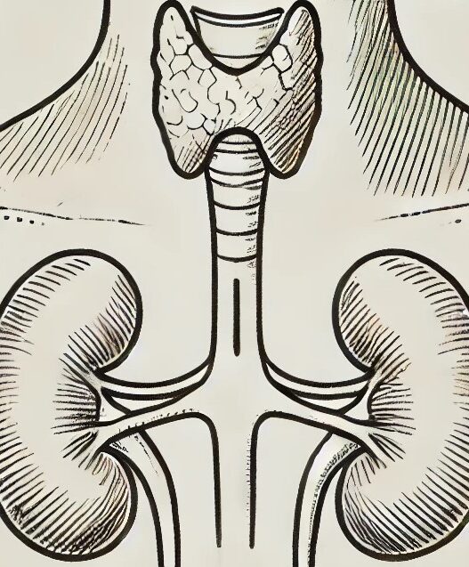 Hashimoto's and Kidney Disease. An illustration showing the thyroid gland and kidneys, highlighting the relationship between Hashimoto's and kidney function in autoimmune diseases.