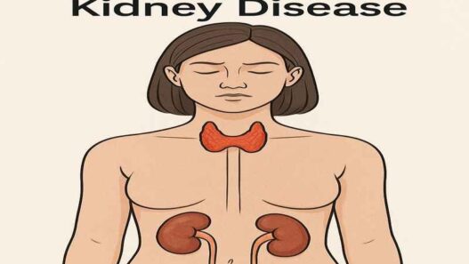 Hashimoto’s and Kidney Disease illustration showing the thyroid and kidneys connection, autoimmune disease impact on kidney function, chronic inflammation link.