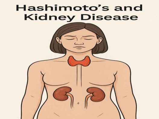 Hashimoto’s and Kidney Disease illustration showing the thyroid and kidneys connection, autoimmune disease impact on kidney function, chronic inflammation link.