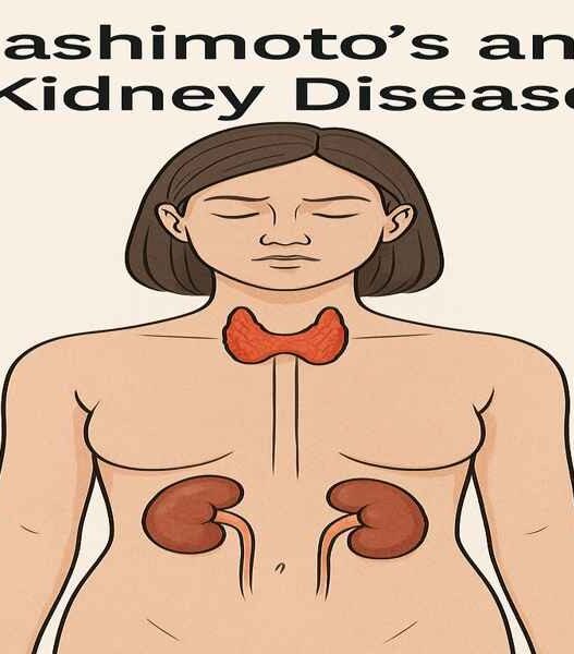 Hashimoto’s and Kidney Disease illustration showing the thyroid and kidneys connection, autoimmune disease impact on kidney function, chronic inflammation link.