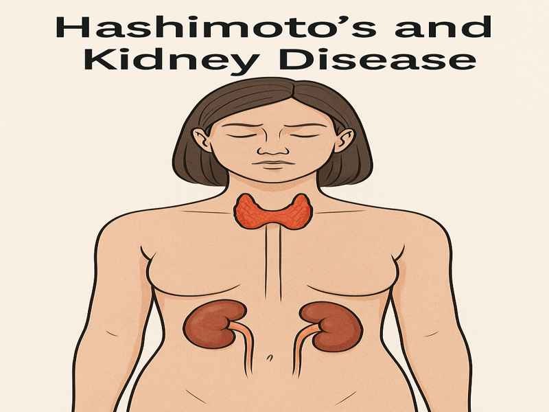 Hashimoto’s and Kidney Disease illustration showing the thyroid and kidneys connection, autoimmune disease impact on kidney function, chronic inflammation link.