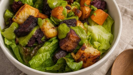 A bowl of Lettuce & Roasted Root Veggies Salad – a gluten-free, dairy-free, AIP-compliant, and autoimmune-friendly recipe.