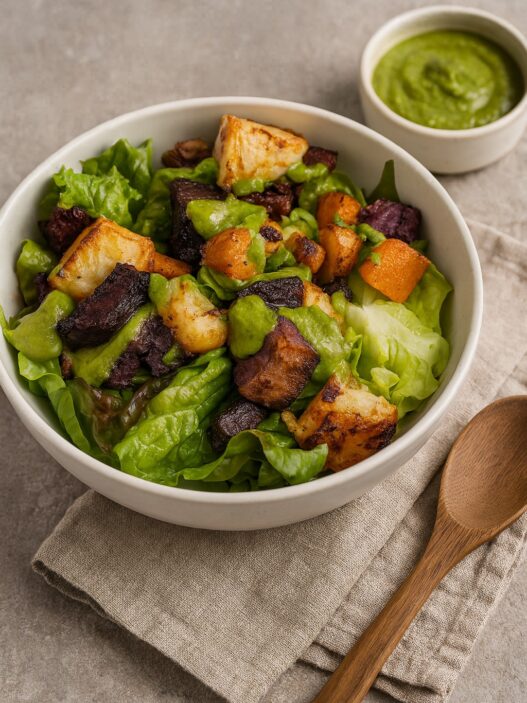 A bowl of Lettuce & Roasted Root Veggies Salad – a gluten-free, dairy-free, AIP-compliant, and autoimmune-friendly recipe.