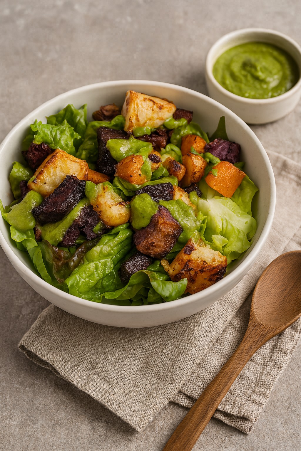 A bowl of Lettuce & Roasted Root Veggies Salad – a gluten-free, dairy-free, AIP-compliant, and autoimmune-friendly recipe.