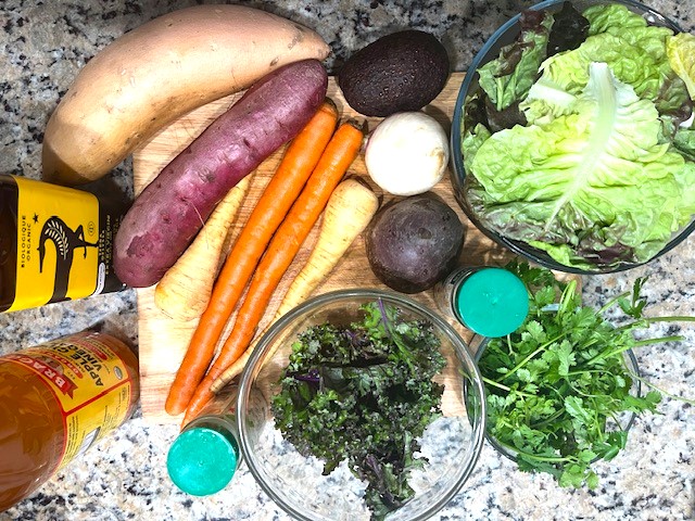 Ingredients for Lettuce & Roasted Root Veggies Salad – a colorful, gluten-free, dairy-free, AIP-friendly dish packed with nutrients.