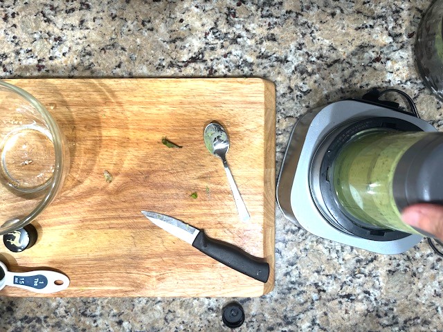 Blending avocado dressing for Lettuce & Roasted Root Veggies Salad – a gluten-free, dairy-free, AIP-friendly recipe.