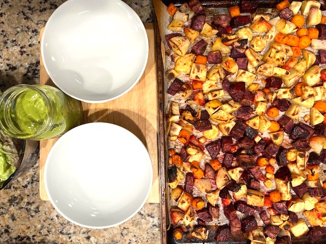 All ingredients ready to assemble Lettuce & Roasted Root Veggies Salad – a gluten-free, dairy-free, AIP-compliant recipe.