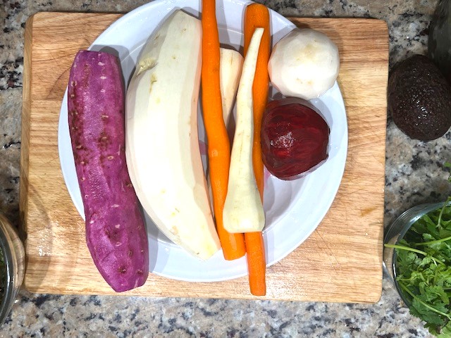 Peeled root vegetables for Lettuce & Roasted Root Veggies Salad – a gluten-free, dairy-free, AIP-friendly recipe rich in nutrients.