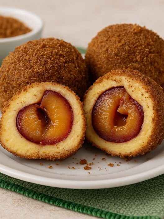 AIP-friendly plum dumplings on a white plate, sliced to reveal a juicy plum center, placed on a green cloth napkin with rustic props — gluten-free, dairy-free, egg-free, autoimmune paleo dessert.