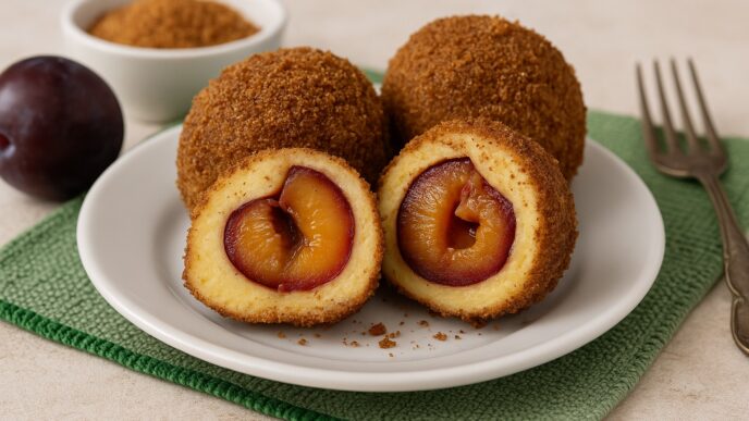 AIP-friendly plum dumplings on a white plate, sliced to reveal a juicy plum center, placed on a green cloth napkin with rustic props — gluten-free, dairy-free, egg-free, autoimmune paleo dessert.