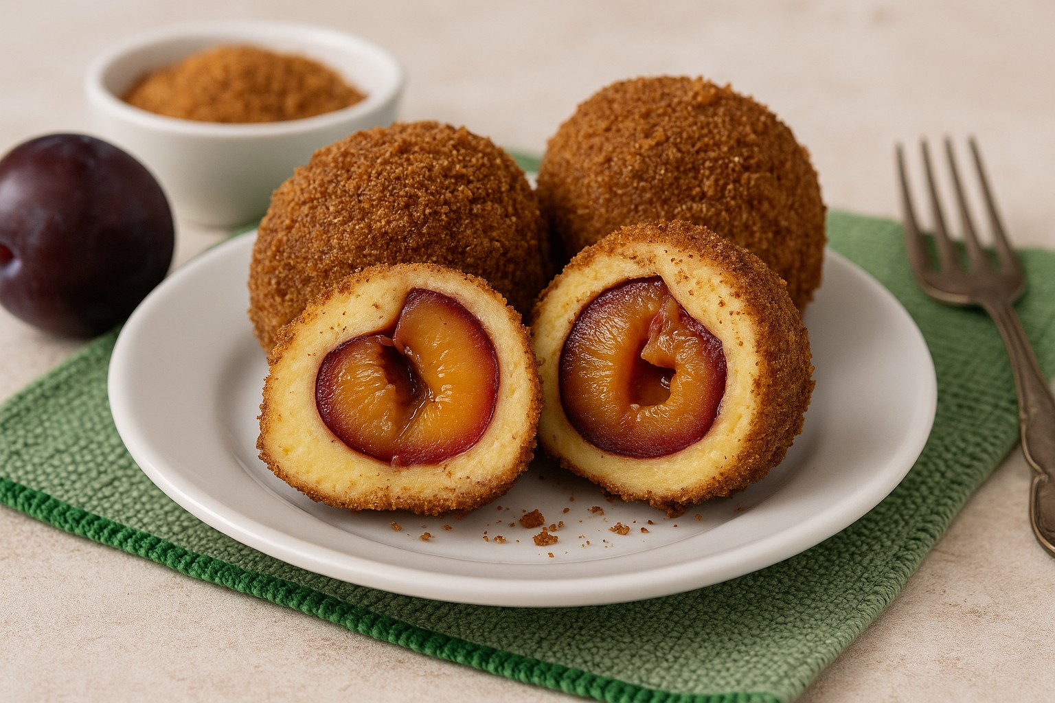 AIP-friendly plum dumplings on a white plate, sliced to reveal a juicy plum center, placed on a green cloth napkin with rustic props — gluten-free, dairy-free, egg-free, autoimmune paleo dessert.