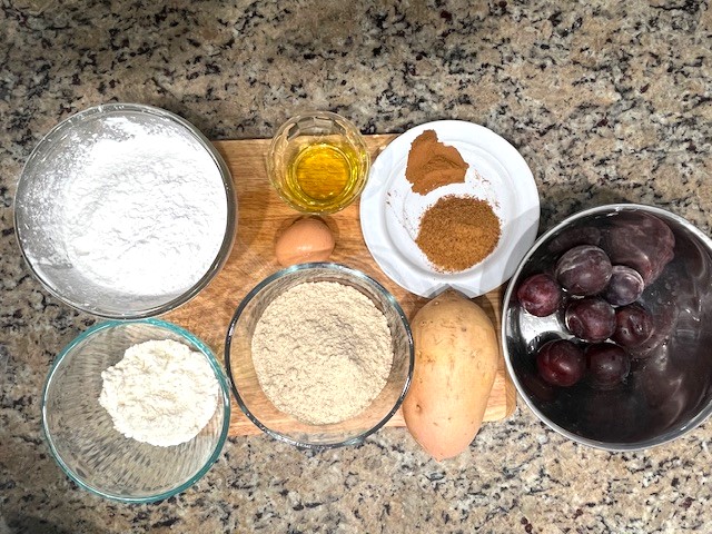 Ingredients for AIP-Friendly Plum Dumplings: sweet potatoes, plums, tapioca flour, avocado oil, eggs, and tigernut breadcrumbs. Egg reintroduction, gluten, dairy, nut, and nightshade-free.