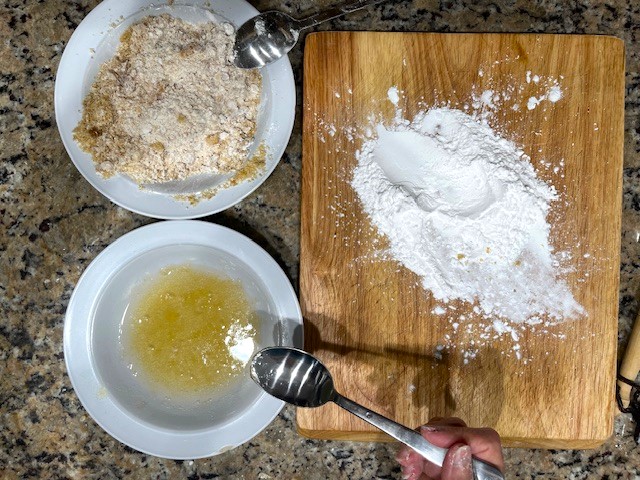 Preparing a gelatin egg with gelatin and water for the Tastiest Chicken Breast Schnitzel, a gluten-free, dairy-free, and egg-free recipe.