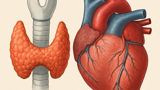 Hashimoto's and Heart Health – medical illustration of the thyroid gland and heart, highlighting the connection between thyroid dysfunction and cardiovascular health.