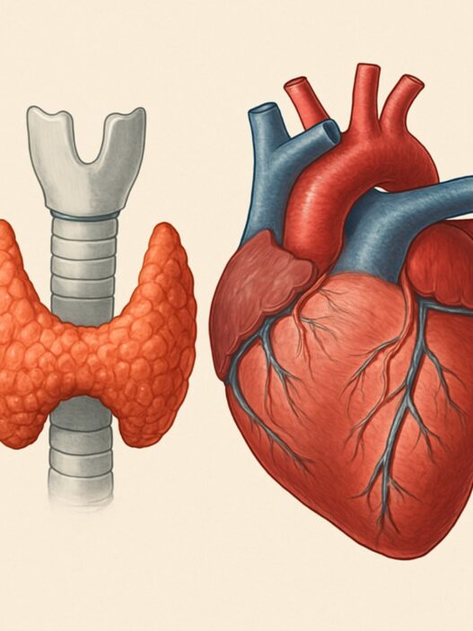 Hashimoto's and Heart Health – medical illustration of the thyroid gland and heart, highlighting the connection between thyroid dysfunction and cardiovascular health.