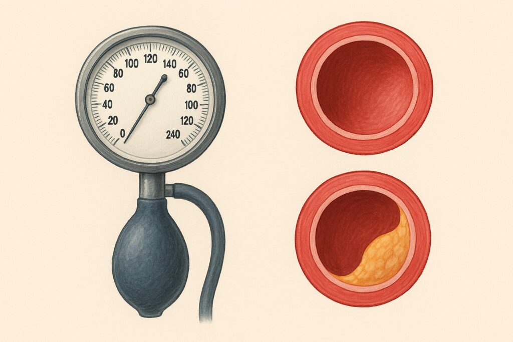 Hashimoto's and Heart Health – medical illustration showing blood pressure monitor and cross-sections of a healthy artery and an artery with plaque, highlighting cardiovascular risks related to Hashimoto’s disease.