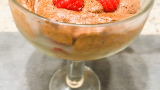 Aquafaba Chocolate Mousse in a cup topped with fresh blueberries and raspberries – vegan, dairy-free, AIP-friendly, anti-inflammatory dessert.