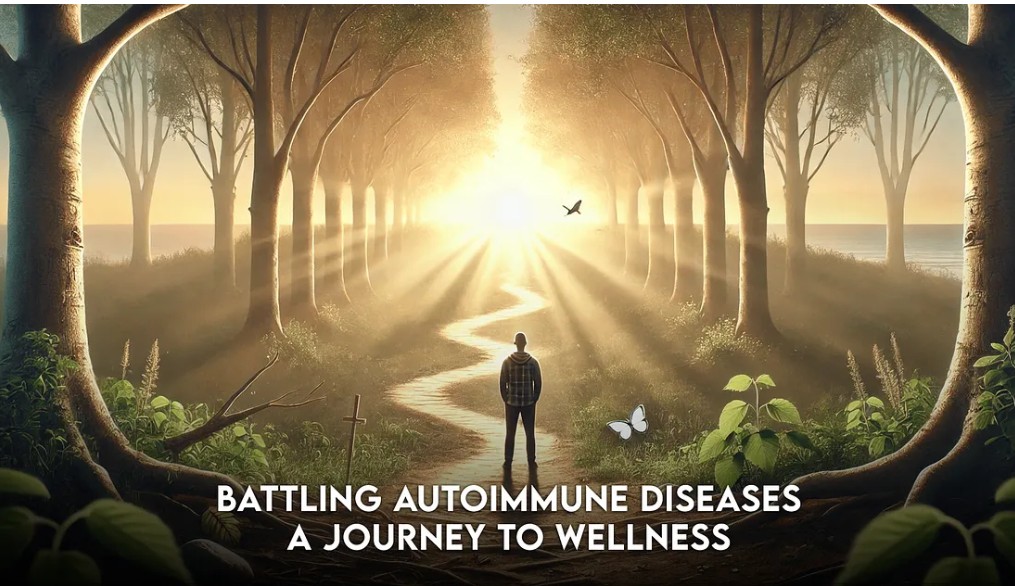 A person walks a healing path through a sunlit forest, symbolizing the journey of overcoming autoimmune disease through diet and lifestyle.