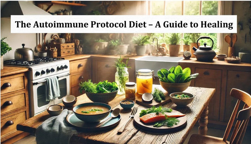 Autoimmune Protocol kitchen scene with healing foods like salmon, greens, bone broth, and fresh herbs on a rustic table.