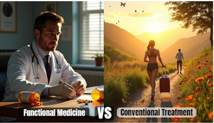 Side-by-side comparison of a conventional doctor with pills and a vibrant nature scene representing functional medicine healing.