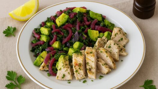 Mediterranean Lemon Herb Chicken with Avocado Kale Salad – gluten-free, dairy-free, AIP, anti-inflammatory meal
