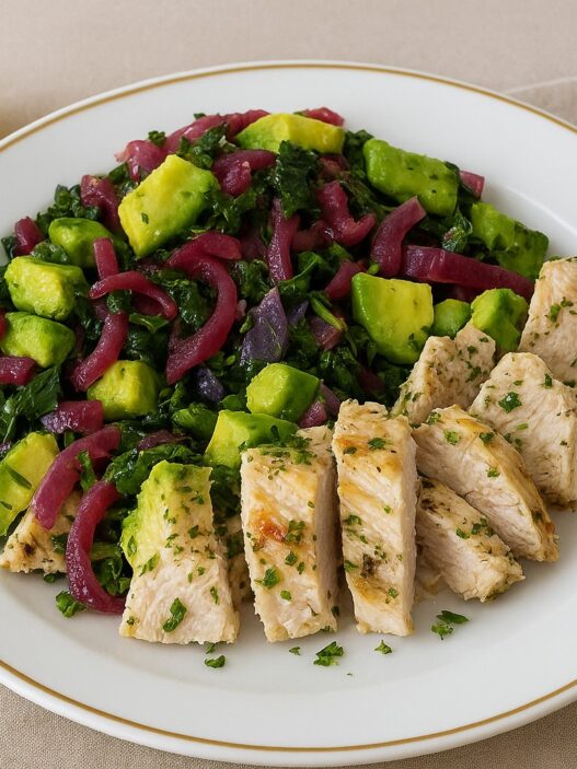 Mediterranean Lemon Herb Chicken with Avocado Kale Salad – gluten-free, dairy-free, AIP, anti-inflammatory meal