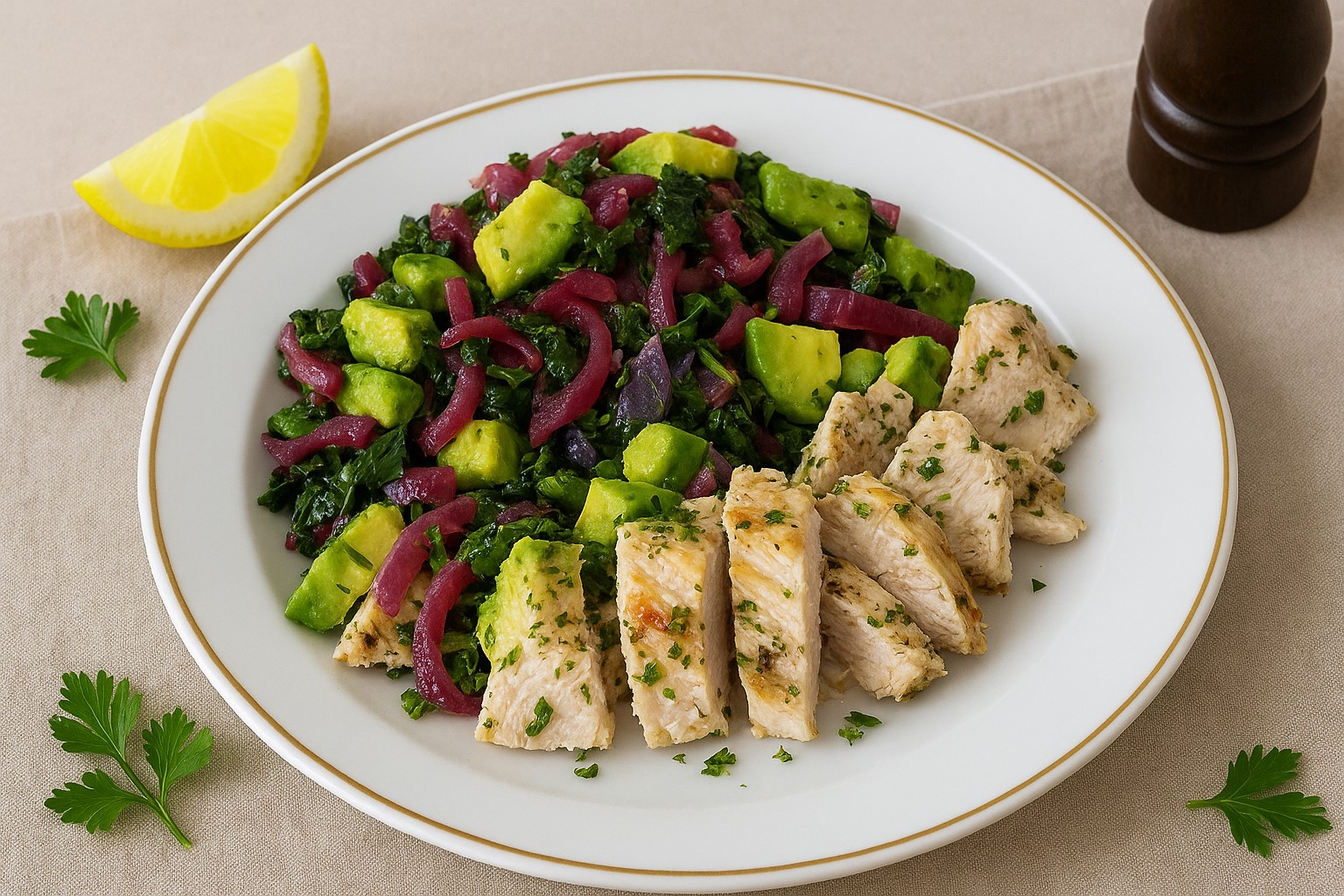 Mediterranean Lemon Herb Chicken with Avocado Kale Salad – gluten-free, dairy-free, AIP, anti-inflammatory meal