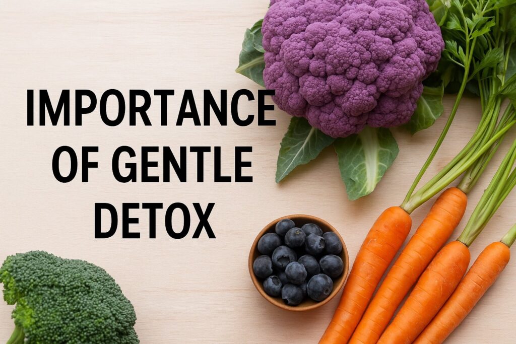 Image showing detox-friendly, anti-inflammatory vegetables used in AIP and low-oxalate diets: fresh carrots, purple cauliflower, broccoli, and blueberries. Ideal for autoimmune reset, gentle detox support, and natural liver and gut health. Supports articles on autoimmune protocols, natural healing, functional medicine, and inflammation reduction.