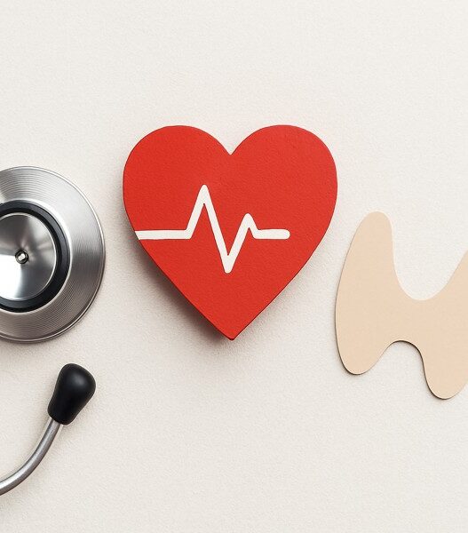 Hashimoto’s and Heart Health connection illustrated by a stethoscope, red heart with ECG line, and thyroid shape on a neutral background