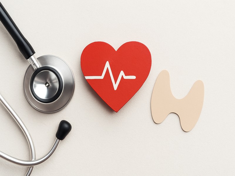 Hashimoto’s and Heart Health connection illustrated by a stethoscope, red heart with ECG line, and thyroid shape on a neutral background