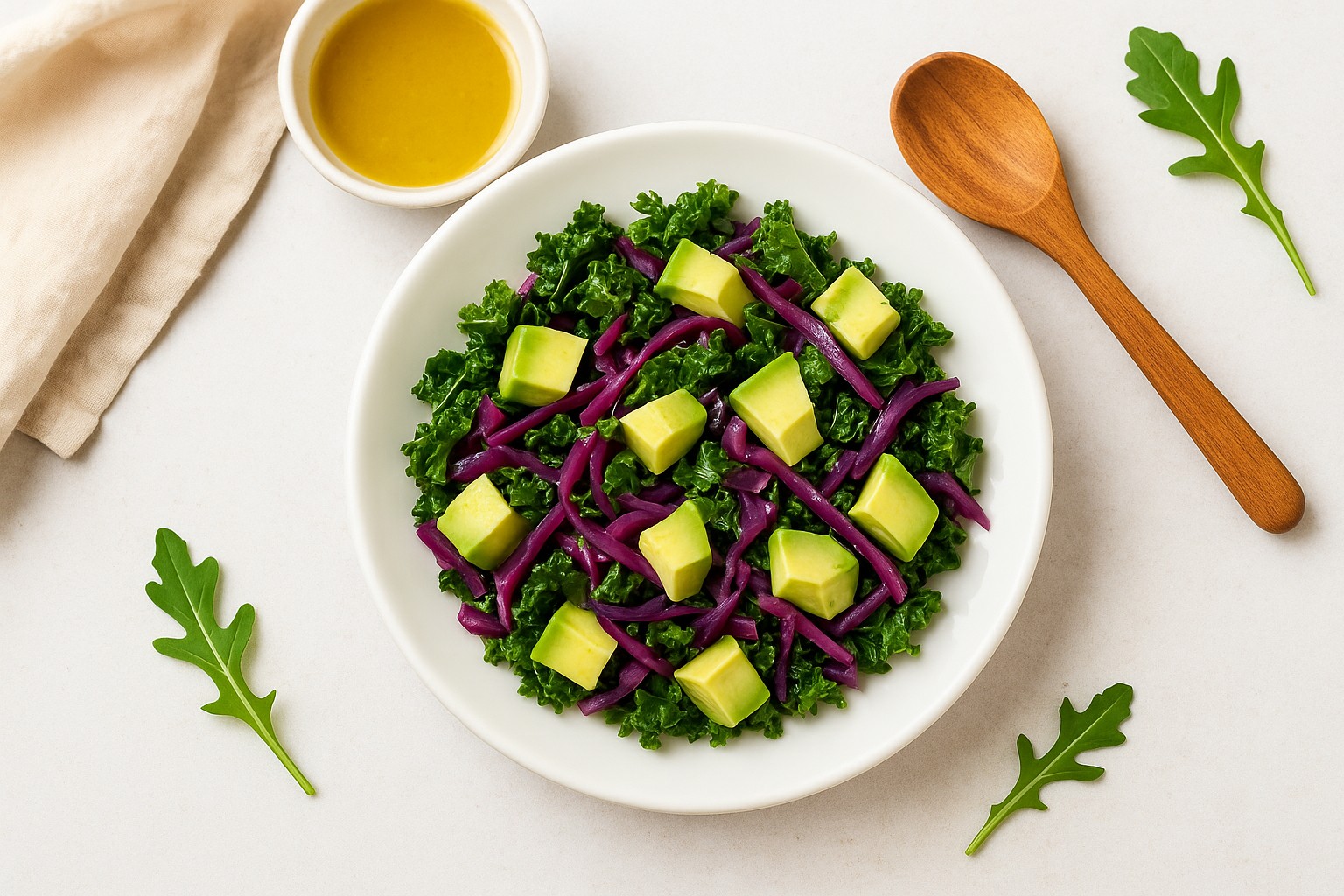 Kale and cabbage salad with avocado cubes and purple cabbage strips, an anti-inflammatory, IBS-friendly, low-oxalate, nightshade-free, gluten-free, dairy-free, and gut-healing dish.
